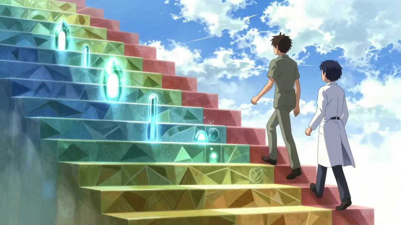 Surreal anime stairs showing the stepwise RA medication ladder progression