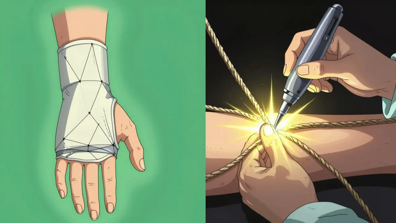 Anime illustration of wrist splinting and endoscopic surgery