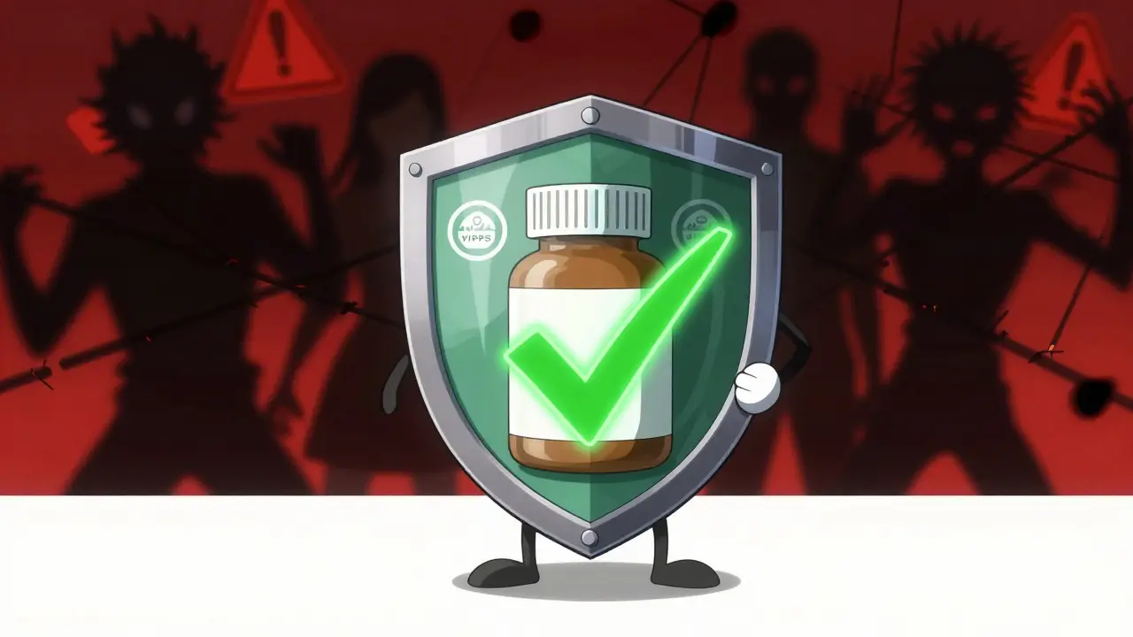 Anime style shield protecting medicine from scam shadows