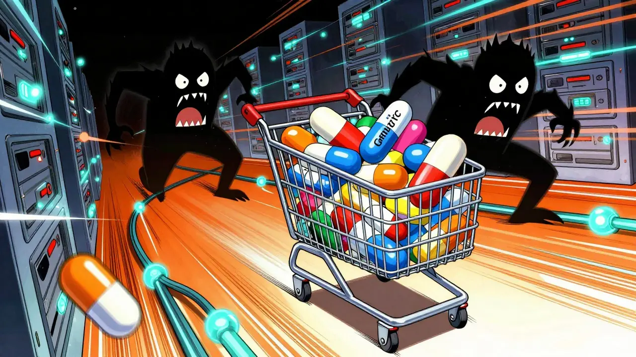 Cartoon cart racing through digital pharmacy space