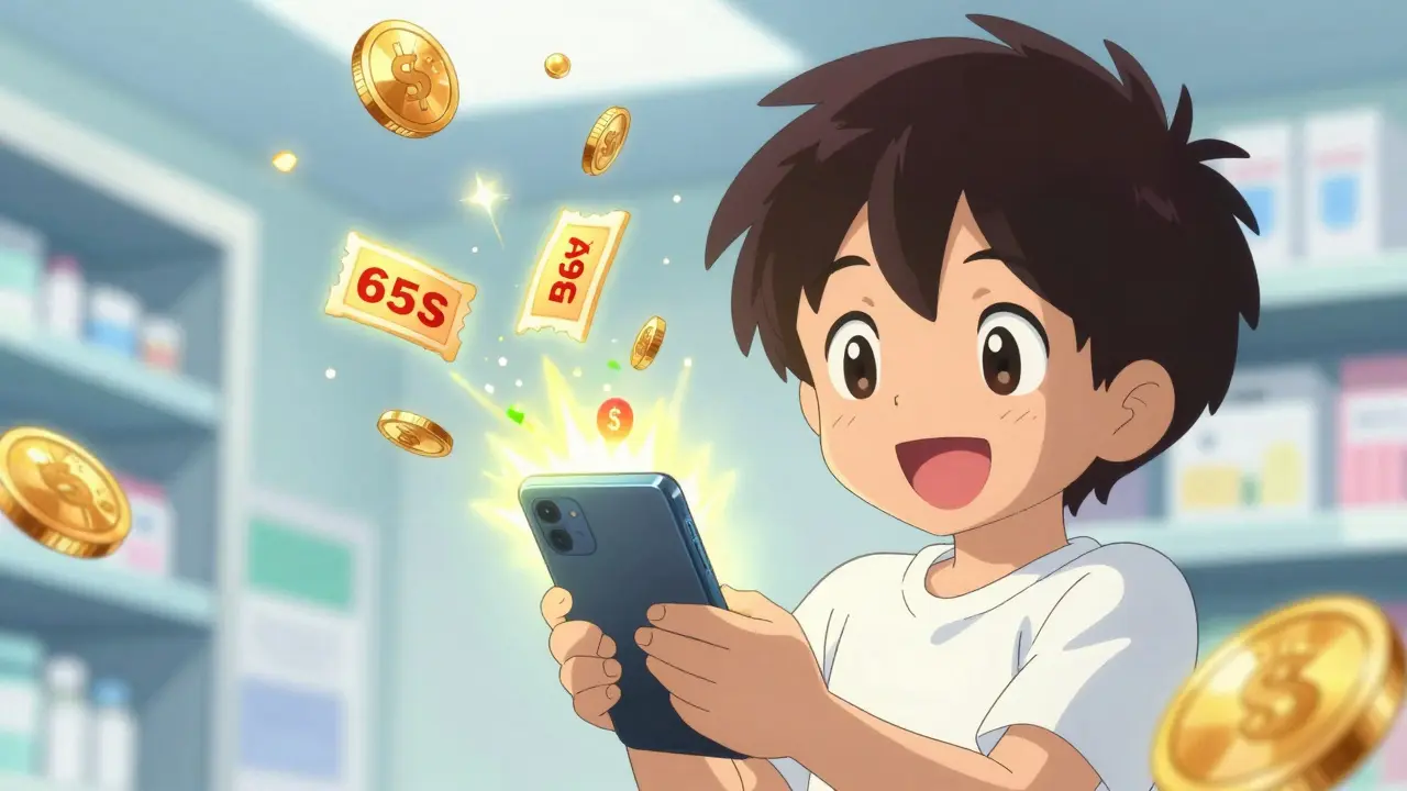 Character using phone app to get medication discounts