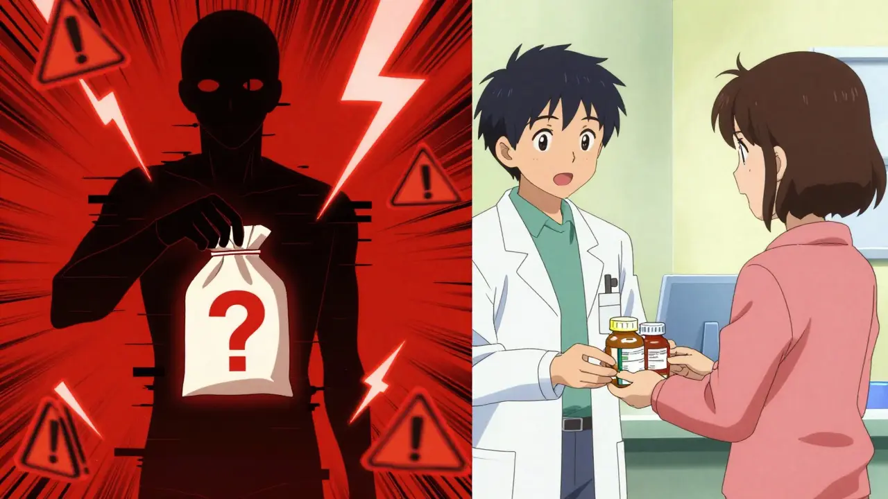 Contrast between dangerous fake pills and safe pharmacy purchase