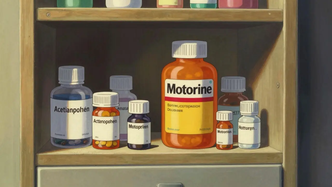 Medicine cabinet with generic Motrin and other pain relievers