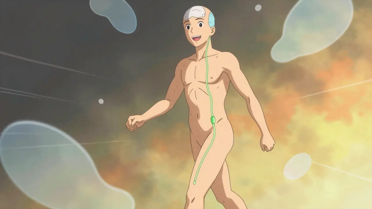 Patient walking happily after surgery with subtle shunt tube visualization
