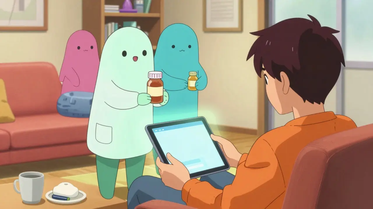 Person receiving medicine via tablet in cozy room