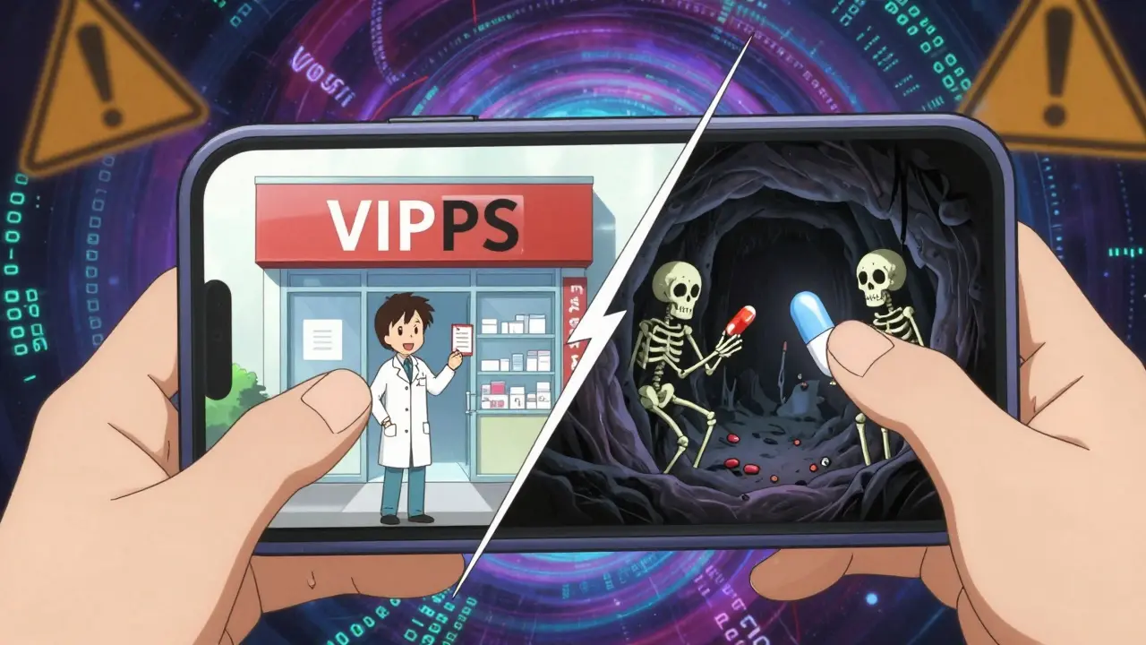 Smartphone showing safe vs unsafe online pharmacy options