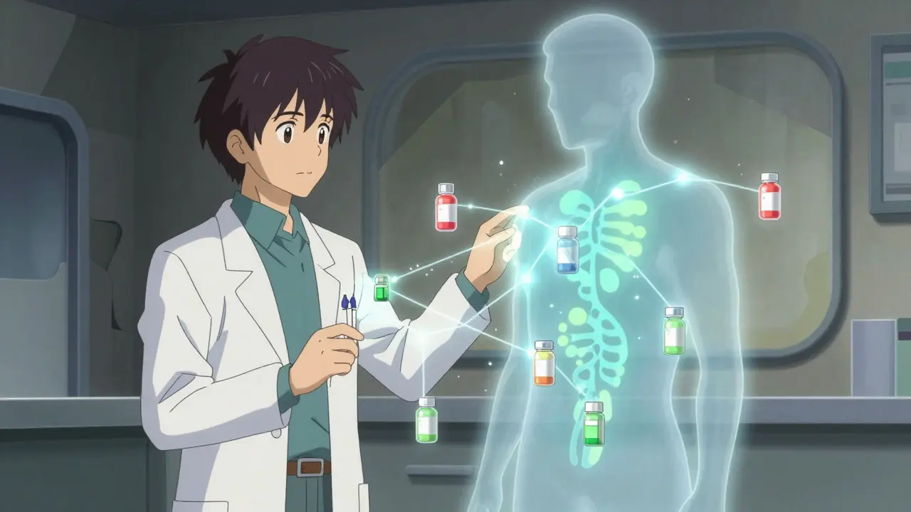Stylized anime doctor matching genetic data to safe medication choices