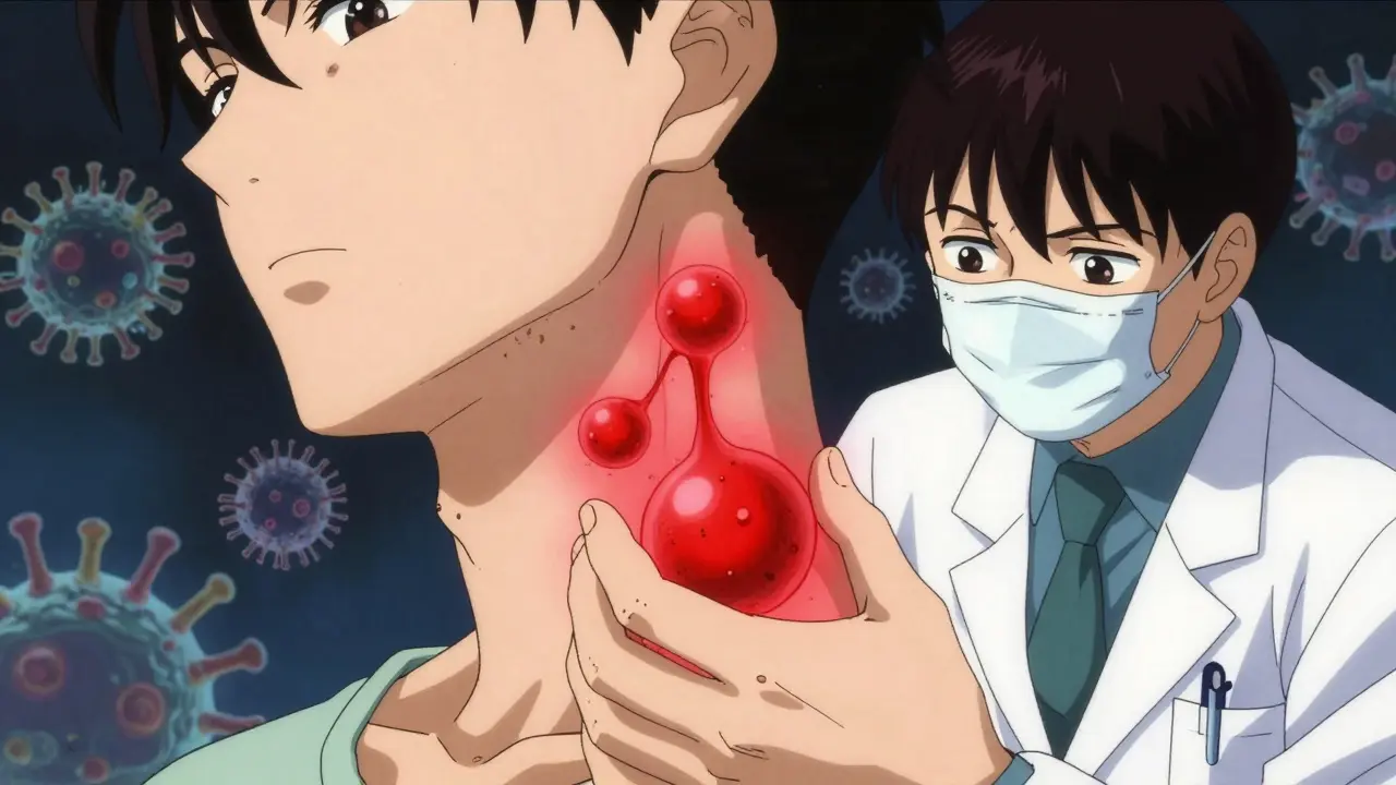 Stylized anime illustration of swollen lymph nodes and viral presence during mono infection