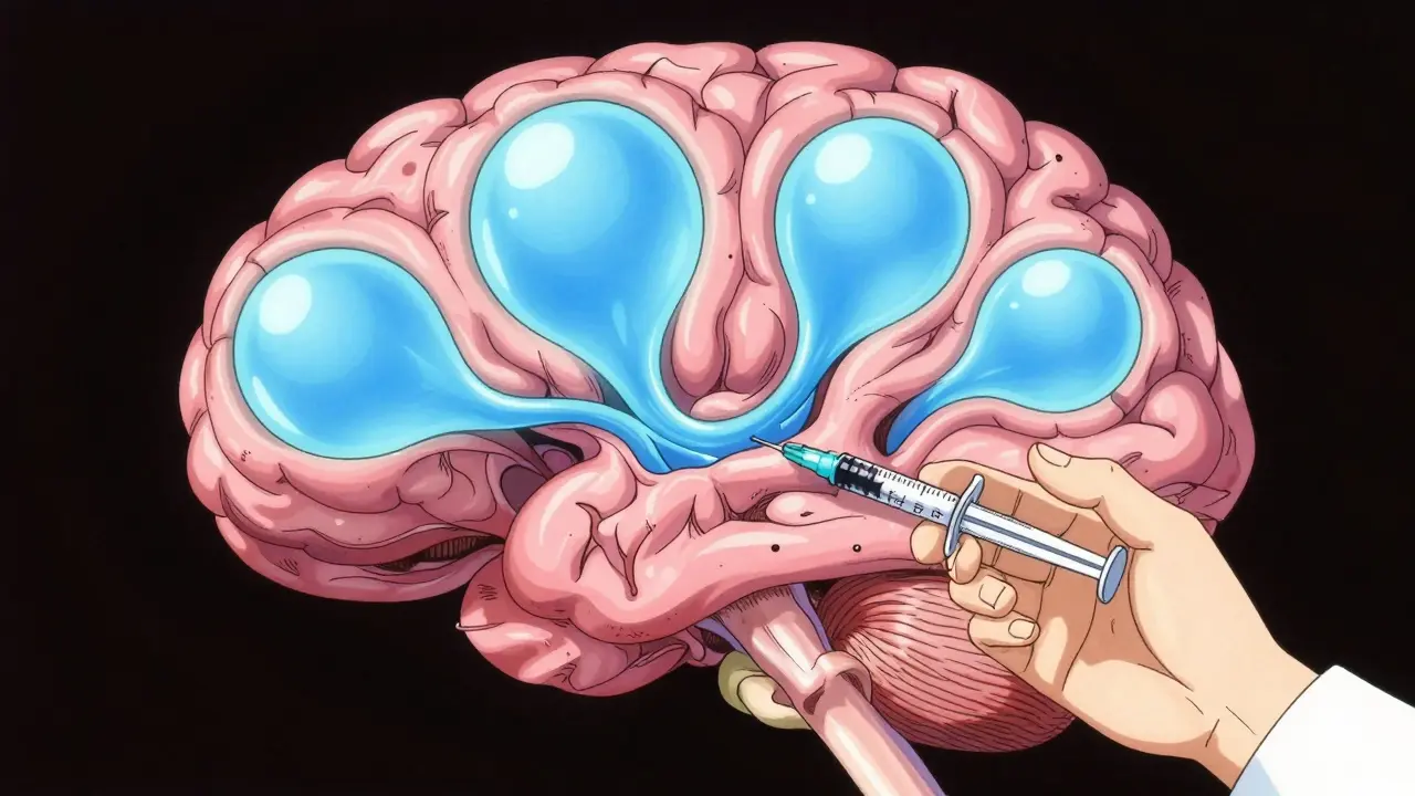 Stylized brain cross-section showing enlarged ventricles and fluid buildup
