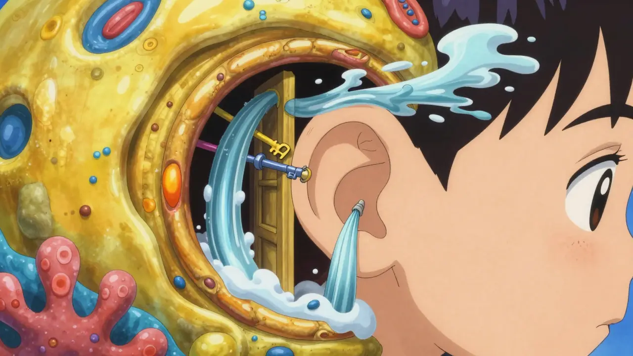 Surreal artistic depiction of ear tube insertion relieving pressure