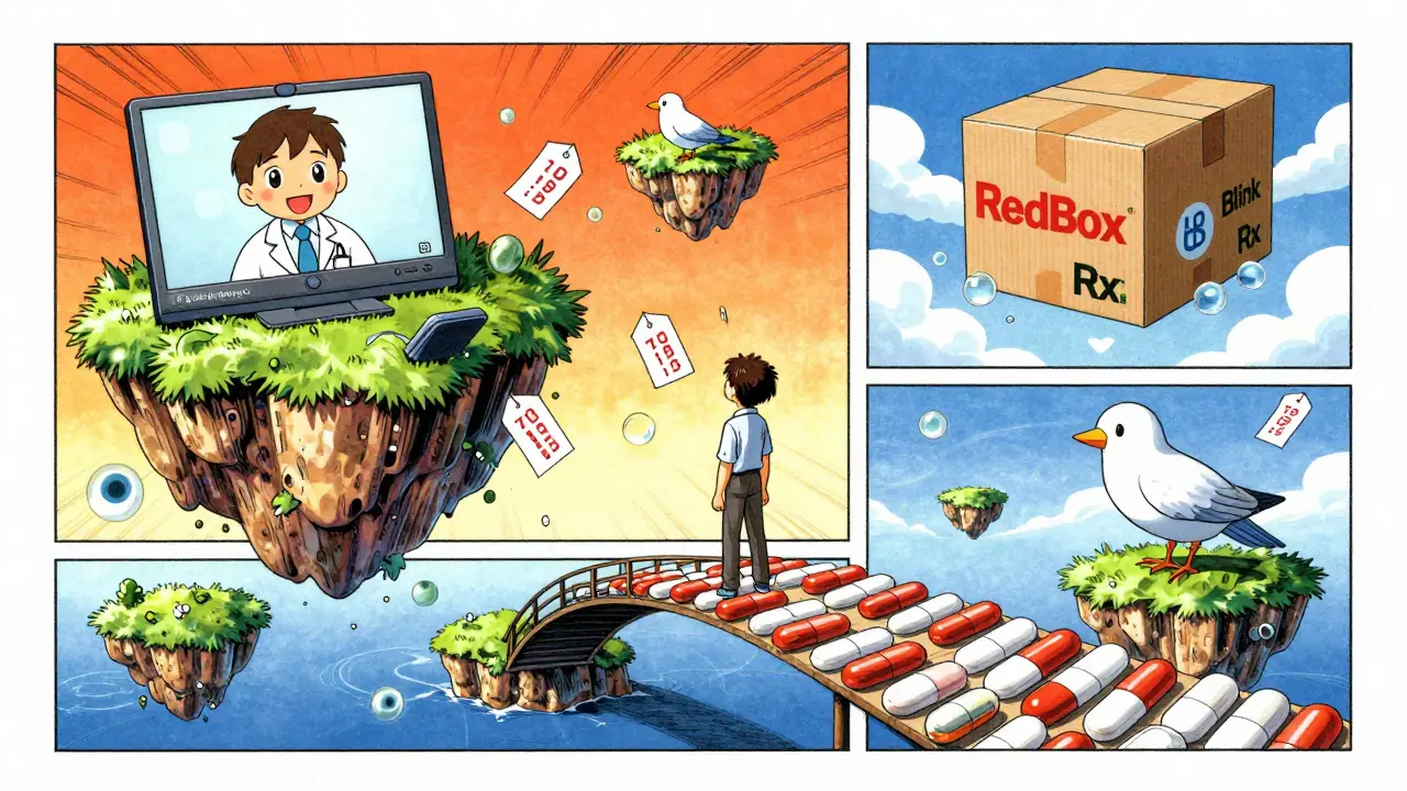 Surreal manga scene of telehealth platforms as floating islands