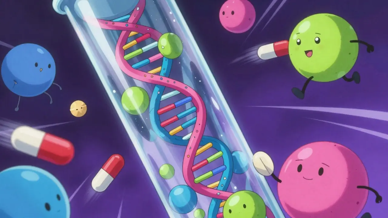 Whimsical anime depiction of DNA and enzymes processing drugs at different speeds