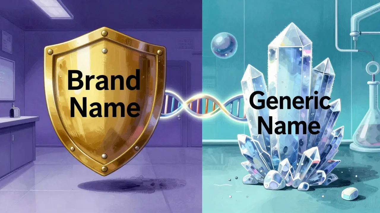 Abstract representation of brand vs generic drug names connected by glowing threads.