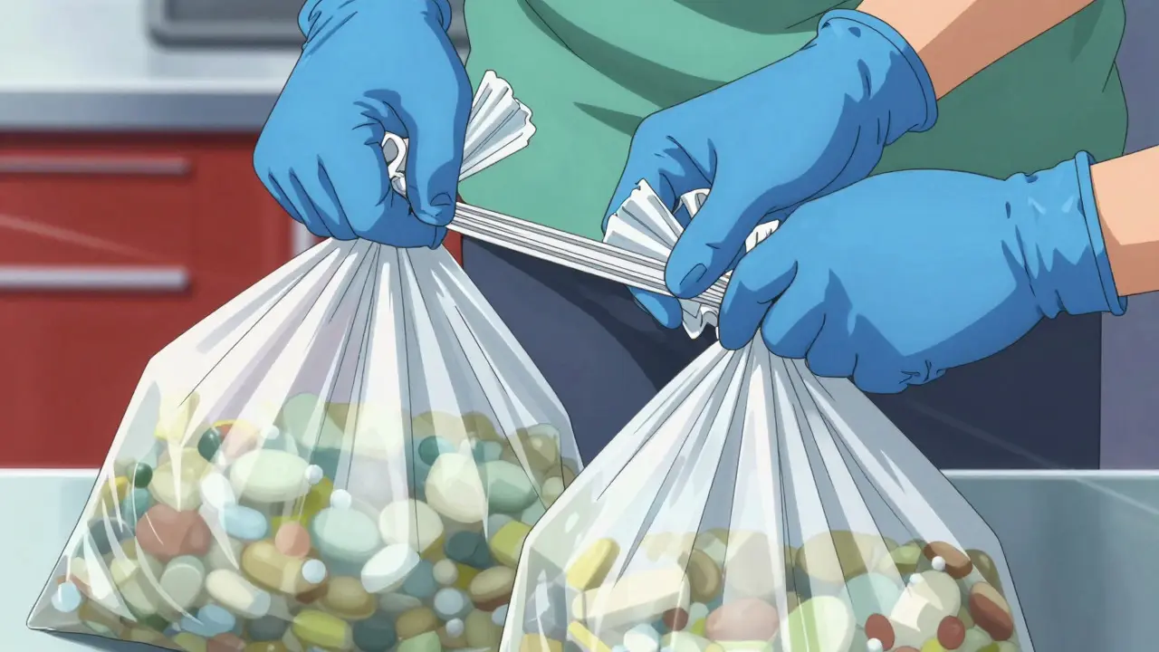 Anime style hands in gloves sealing double-bagged hazardous medical waste securely.