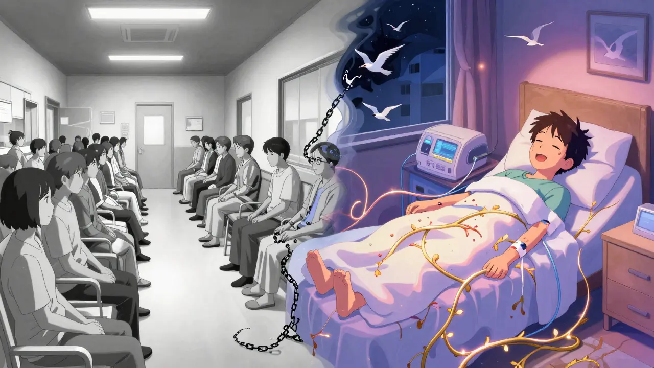 Contrast between stressful clinic and peaceful home dialysis at night, anime