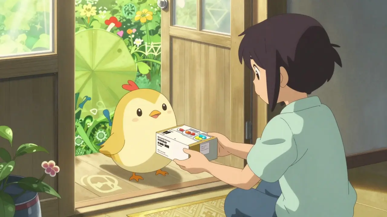 Cute delivery creature handing over medication package in cozy home