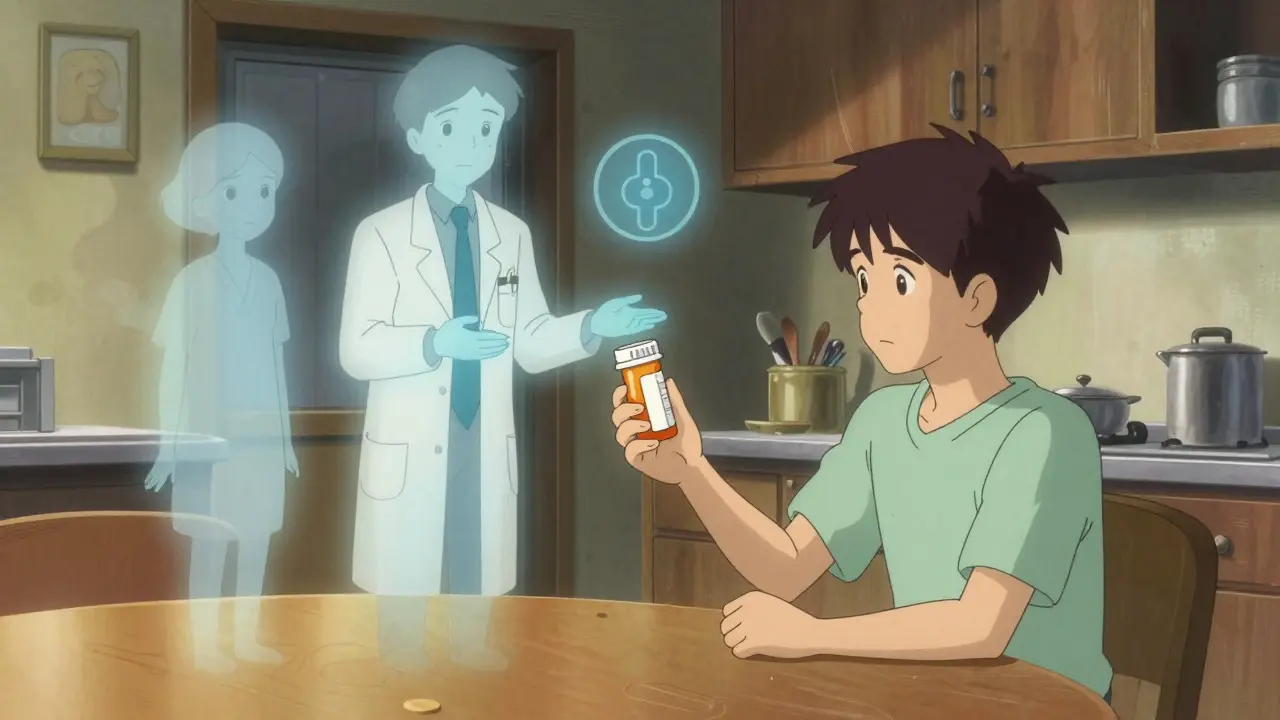 Empowered patient reviewing medication with supportive ghostly pharmacist figures nearby.