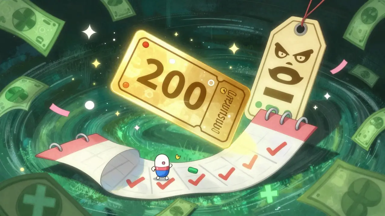 Golden coupon shrinking prices and pills dancing on a calendar