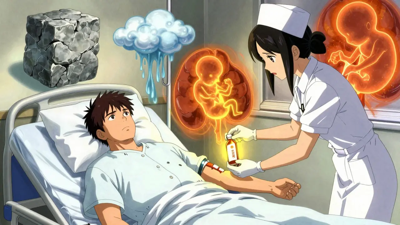 Manga nurse drawing blood with abstract risk factors floating