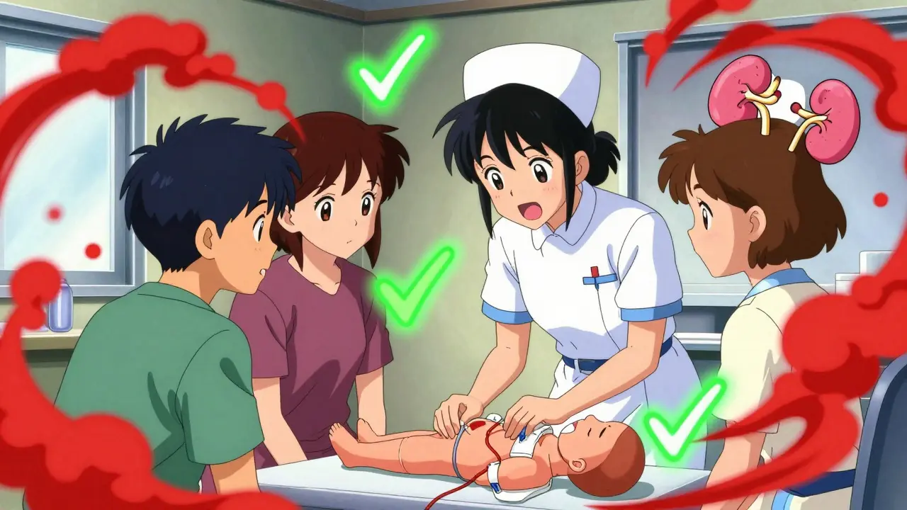 Patient and care partner learning dialysis skills with nurse, vibrant anime art