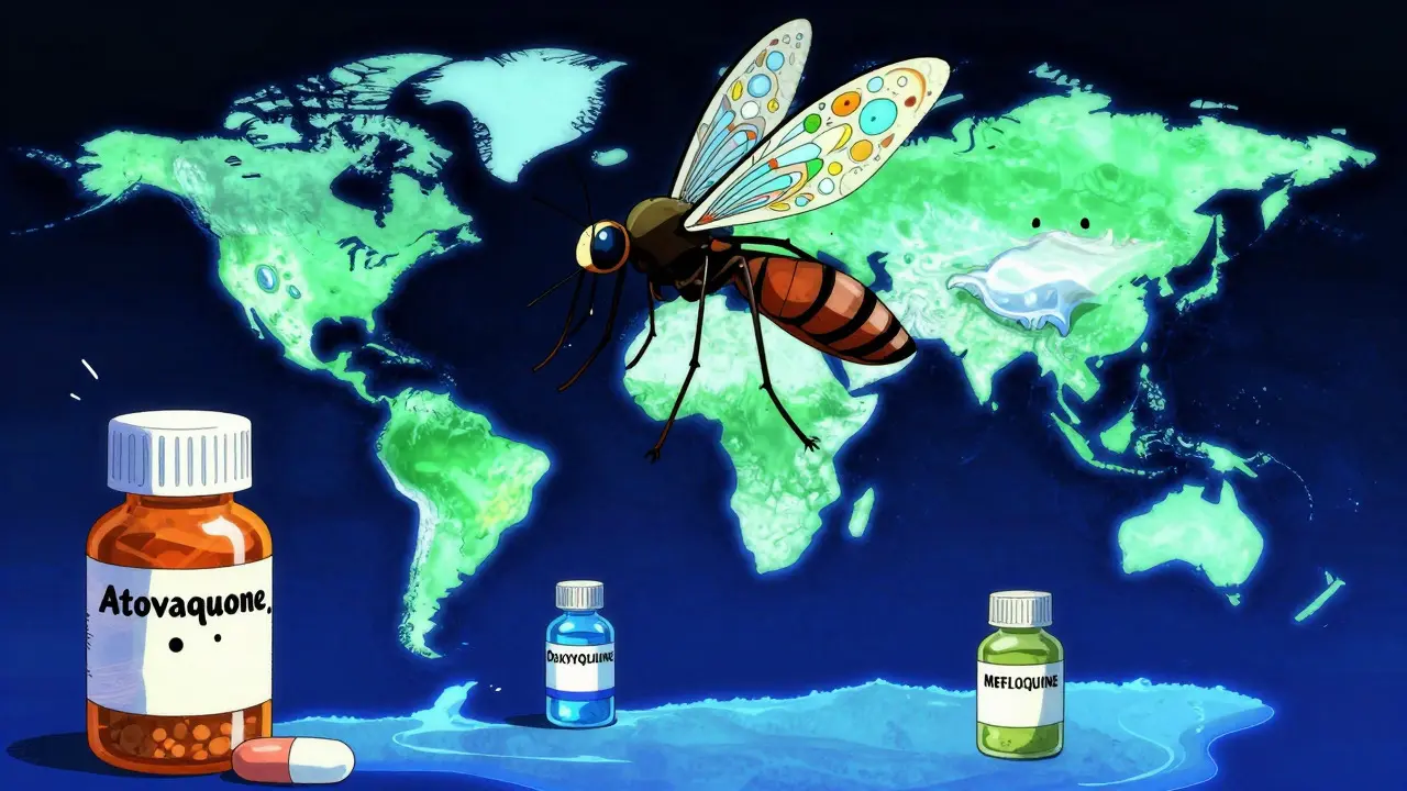 Personified malaria pills confronting a giant stylized mosquito