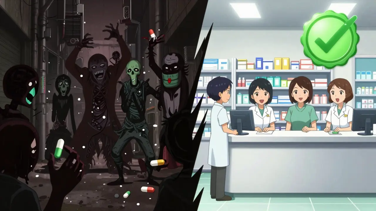 Split view contrasting dark scam pharmacies with bright, safe certified clinics