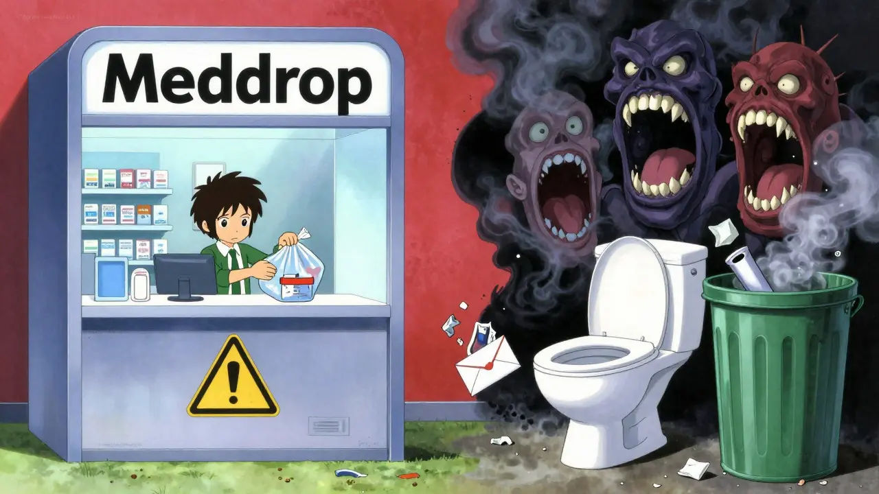 Stylized anime scene contrasting safe chemo disposal methods with dangerous flushing.