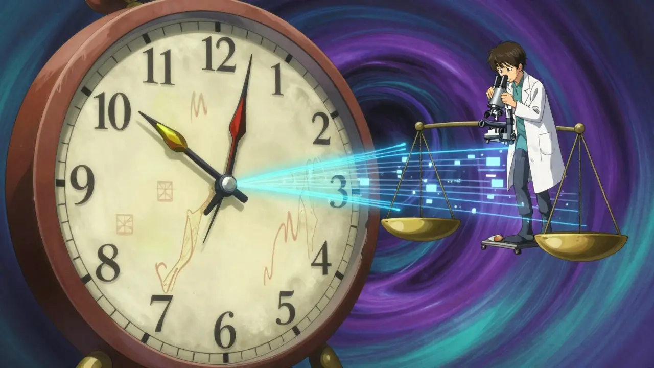 Surreal clock and microscope illustrating blood test timing