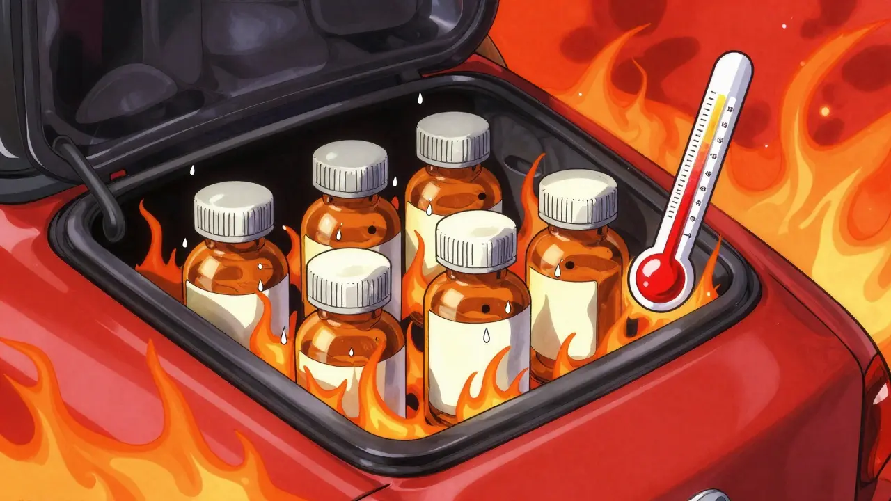 Surreal manga art of pills wilting in a hot car glove compartment