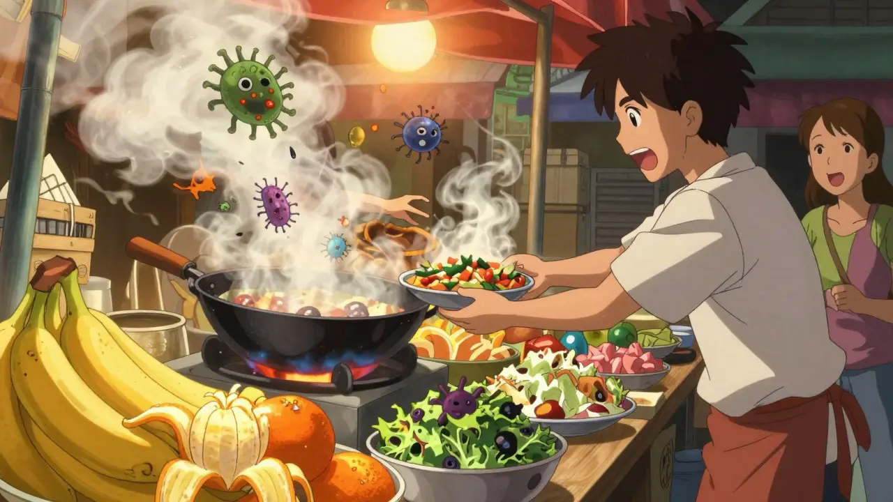 Vibrant street food scene with safe cooking practices