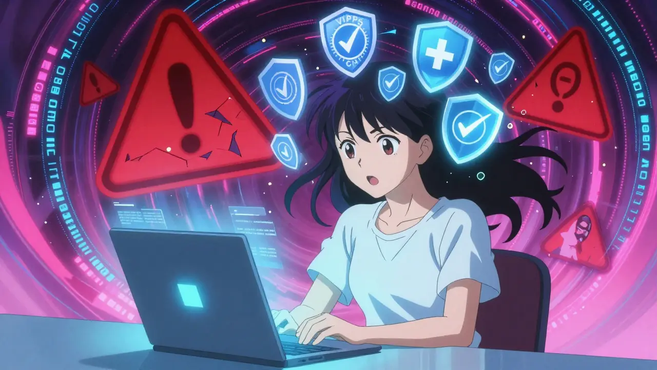 Woman surrounded by floating security shields while avoiding digital scam warnings