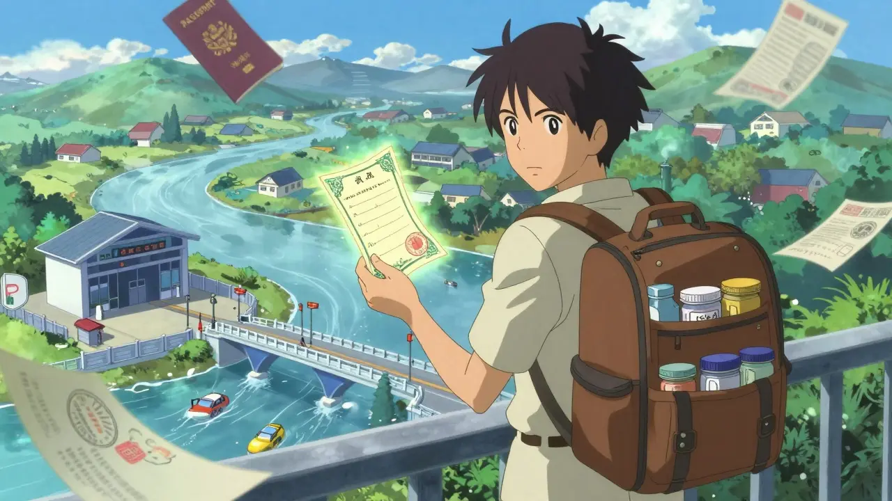 Yuasa style traveler holding glowing medical letter at customs