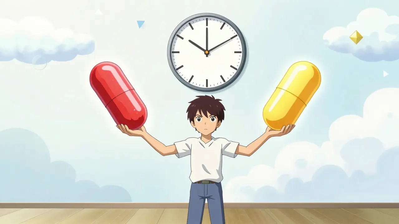Anime character balancing antibiotic and probiotic pills to show timing separation