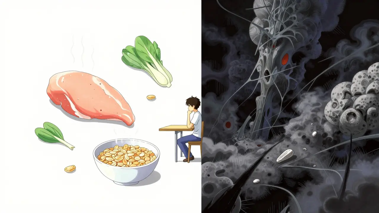 Anime illustration contrasting healthy food and chronic damage