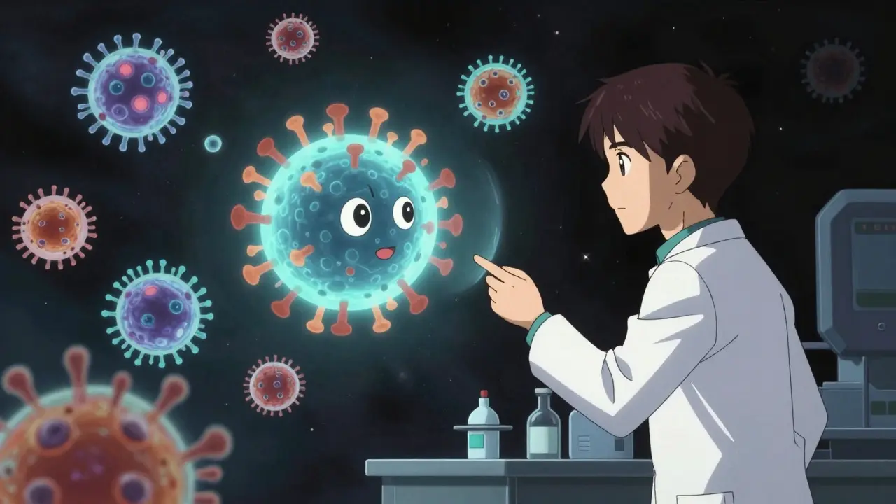 Anime illustration of a scientist observing a glowing virus hologram in a lab