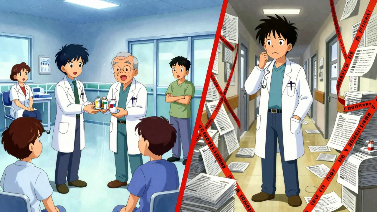 Anime scene contrasting easy biosimilar adoption in Europe with bureaucratic hurdles in the US.