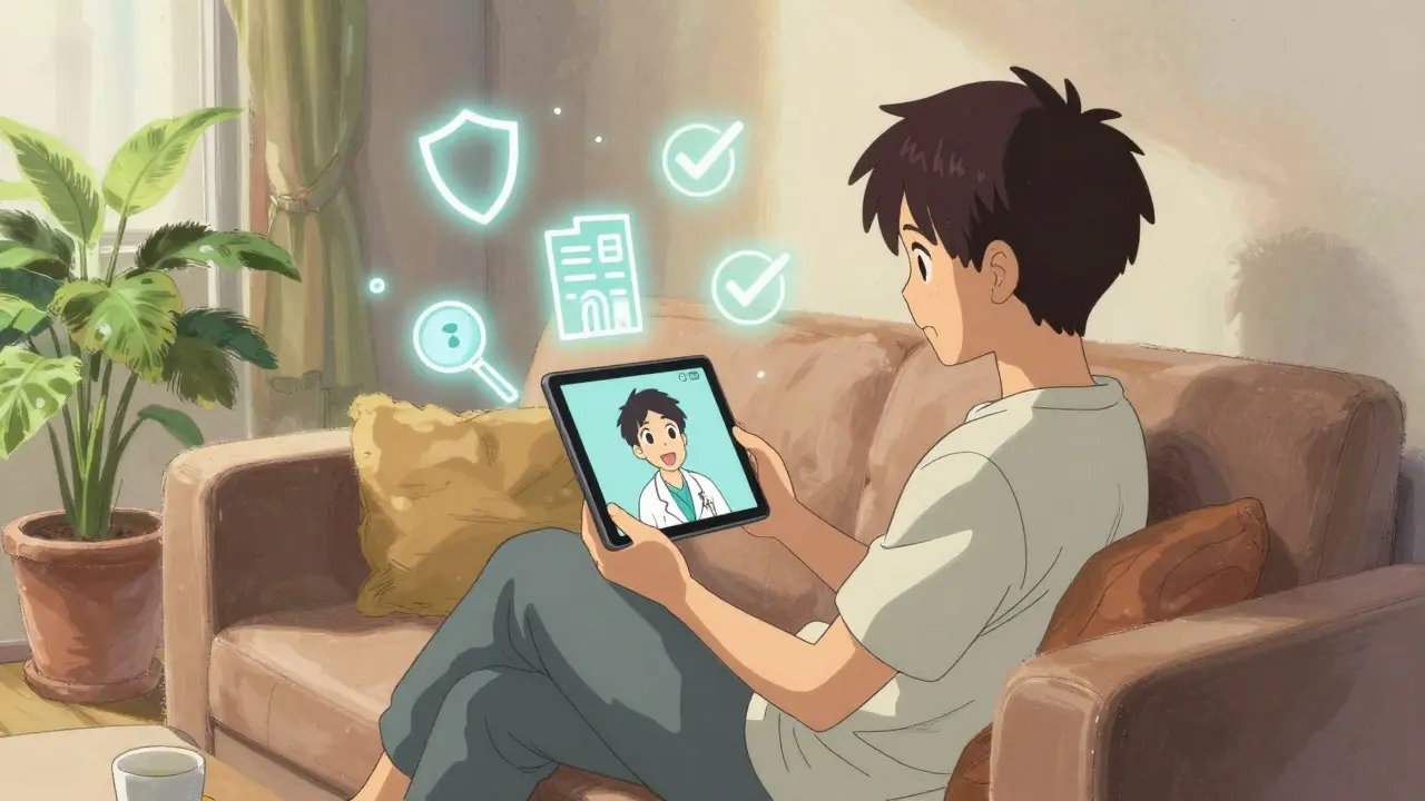 Anime scene of a patient using a tablet for a virtual doctor consultation with safety icons floating nearby