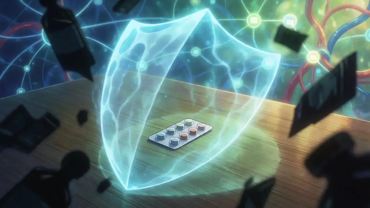 Anime-style illustration of a shield protecting a medicine pack from shadowy counterfeit threats.