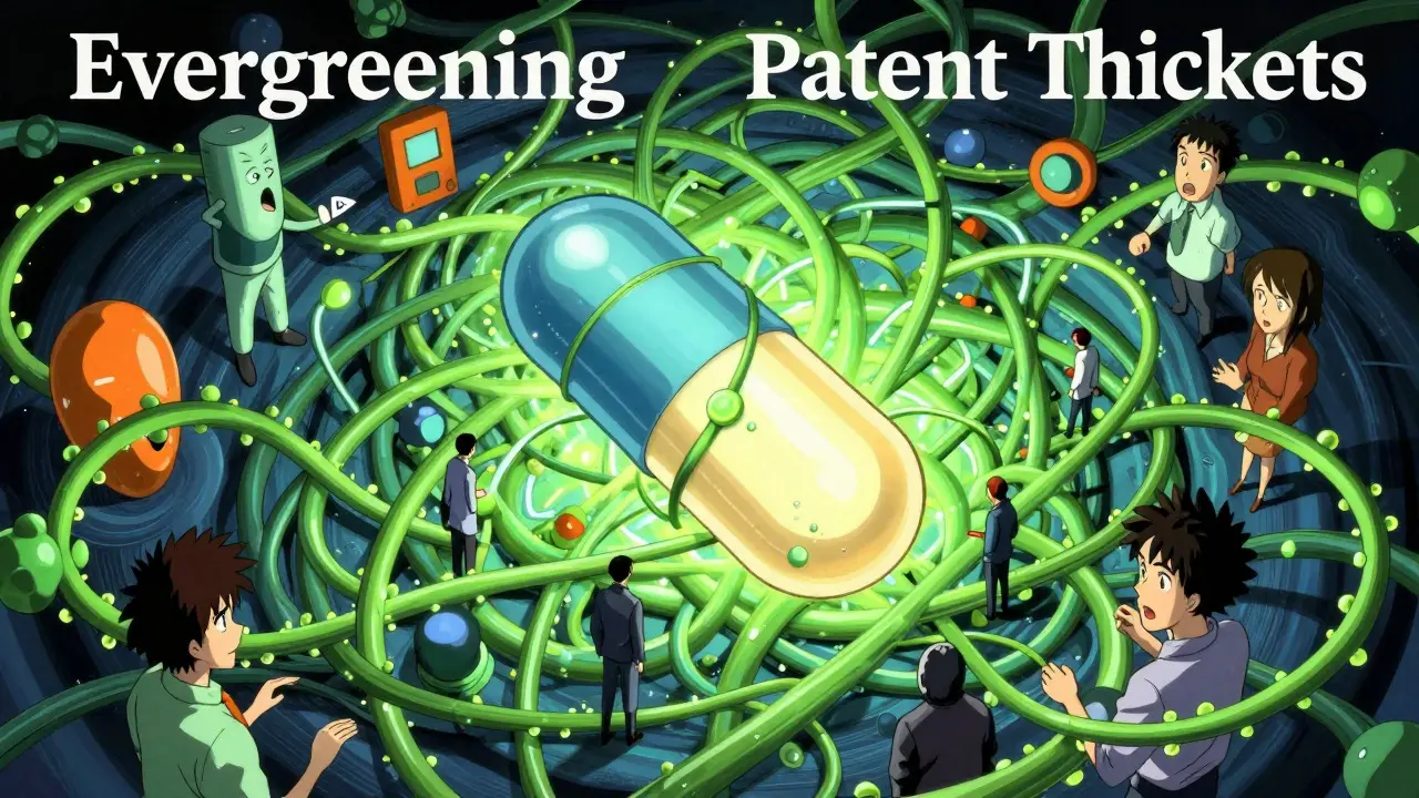 Chaotic manga illustration of a drug capsule entangled in a web of secondary patents blocking generics.