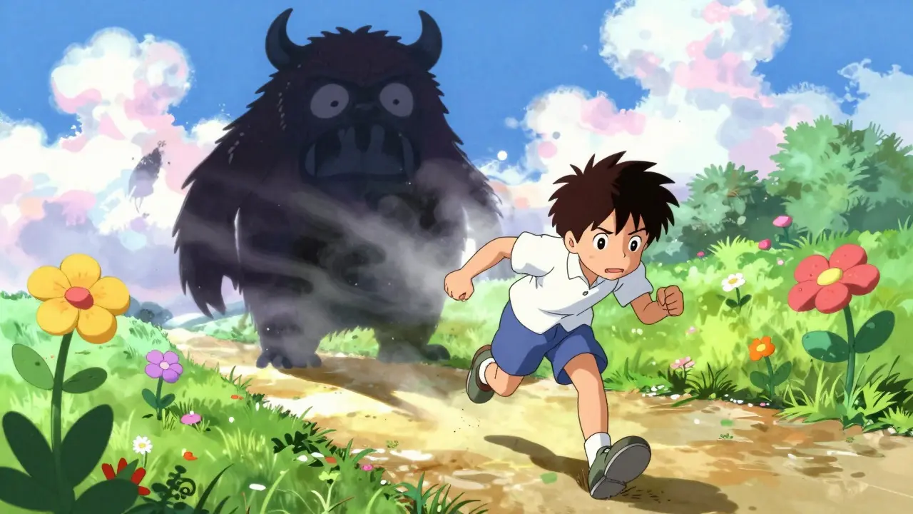Character stepping into sunlight while a shadow monster of fear dissolves behind them