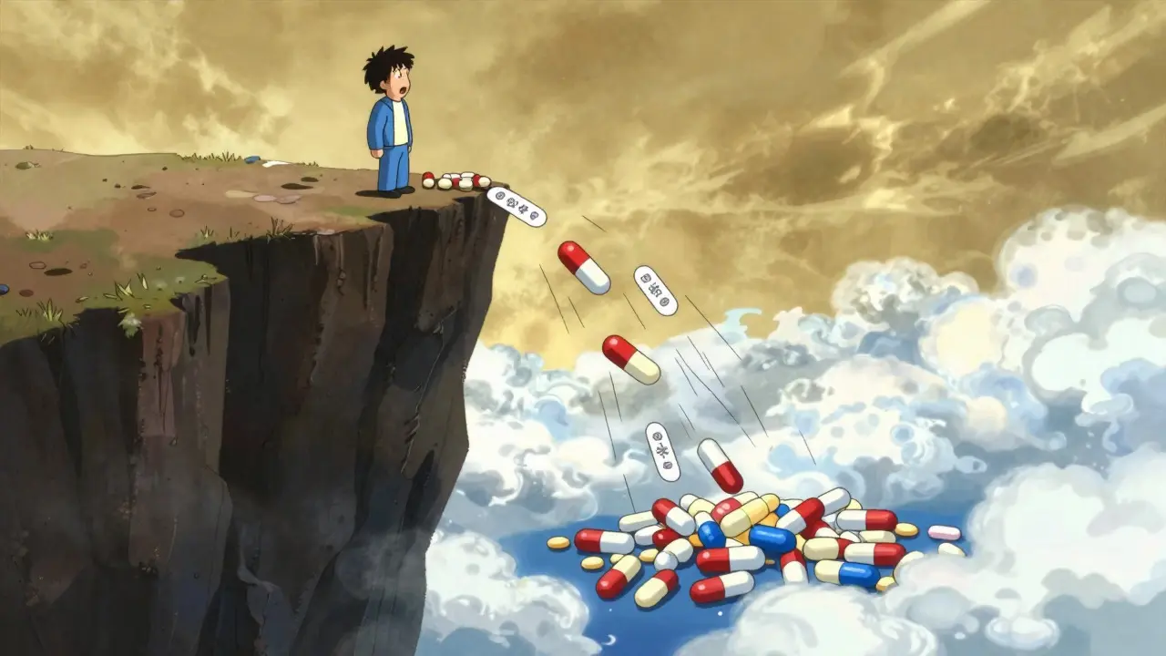 Dynamic anime image of a revenue graph crashing off a cliff into a sea of generic pills.