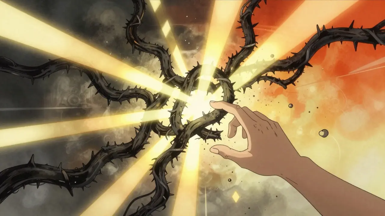 Golden light cutting through black tangled vines representing broken negative thought cycles