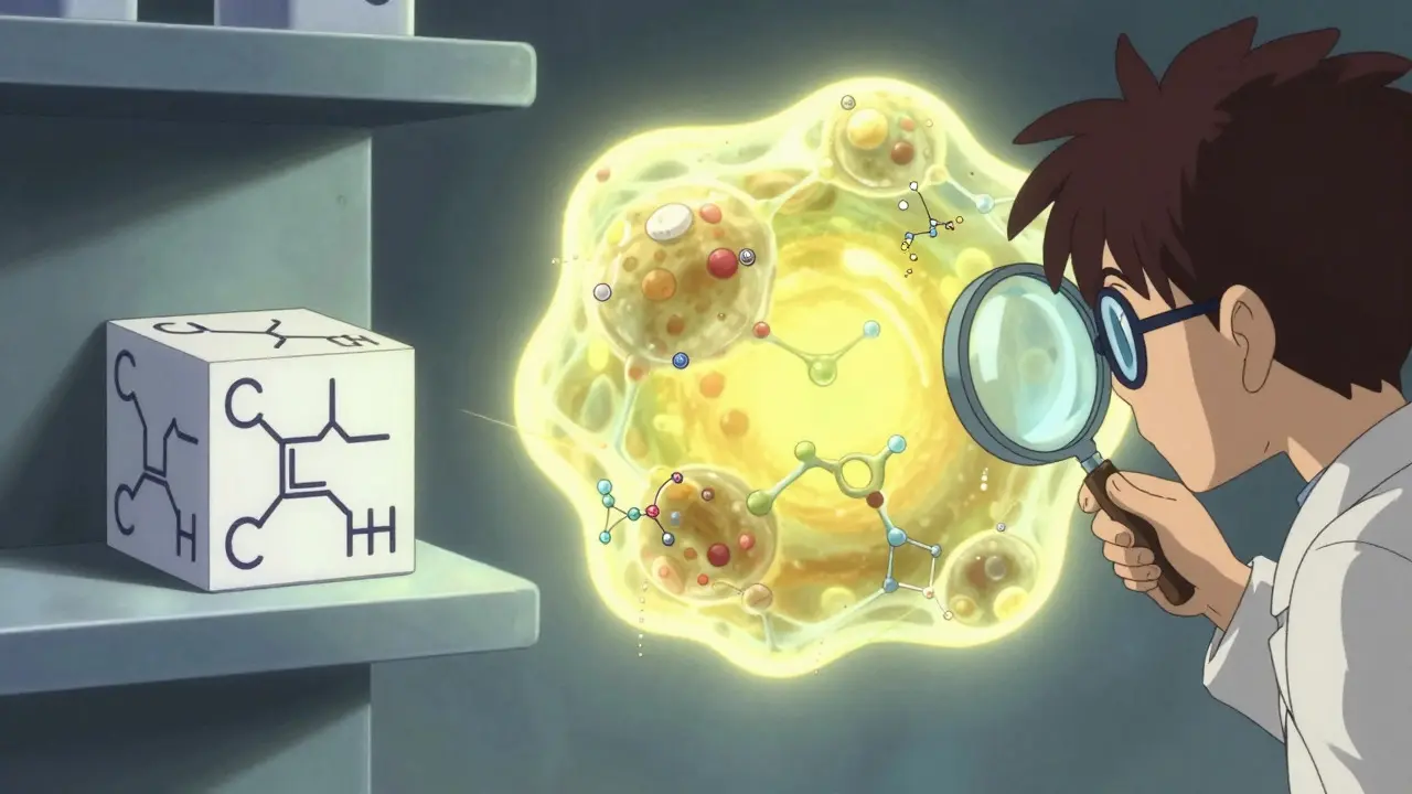 Manga style illustration comparing a rigid generic pill to a complex, organic biologic molecule.