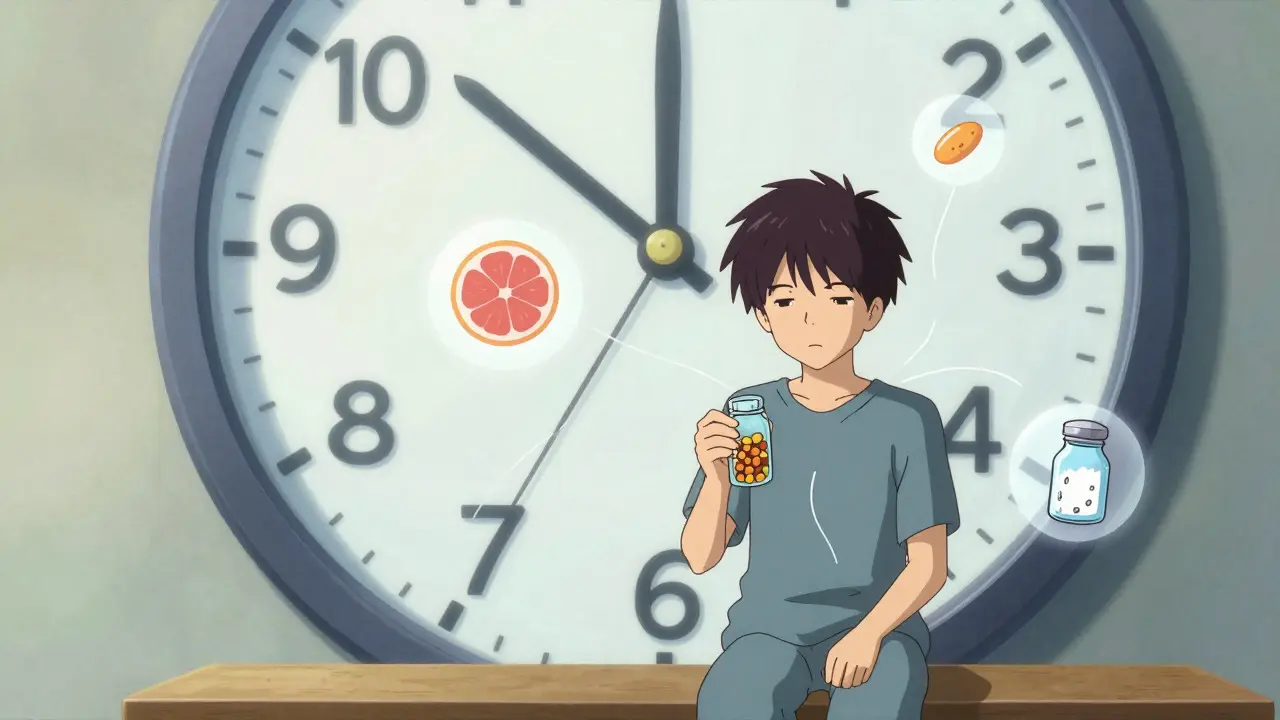 Patient holding pills near a distorted clock with floating food interaction icons