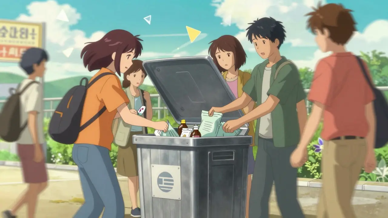 People dropping meds into a collection bin at an event