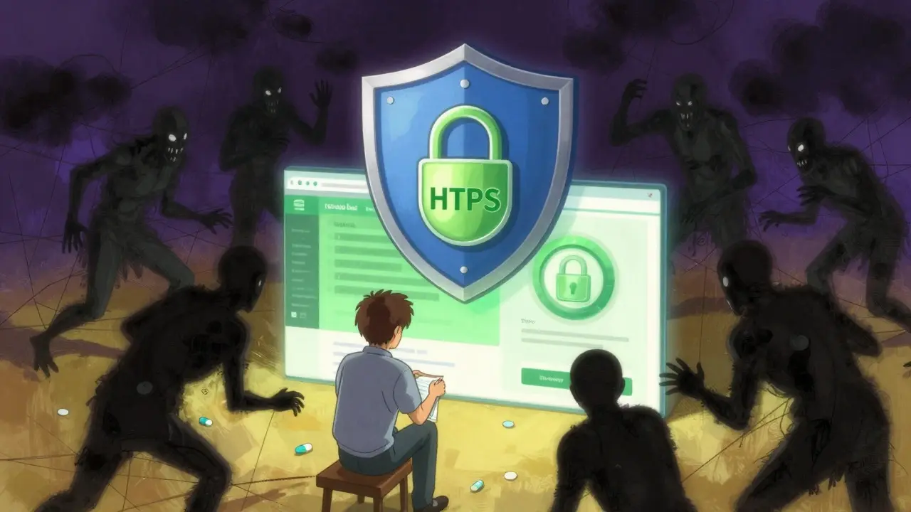 Shield protecting user from scam websites while browsing secure online pharmacy