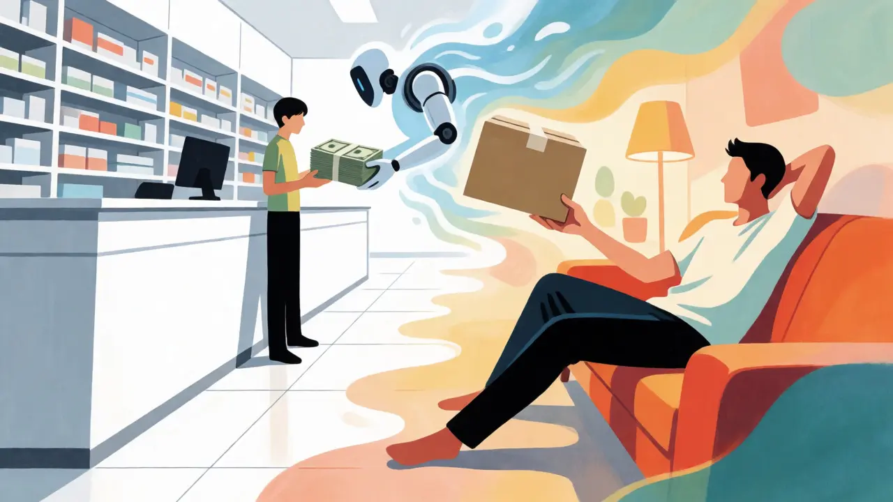 Split-screen anime art contrasting expensive retail purchases with comfortable home delivery.
