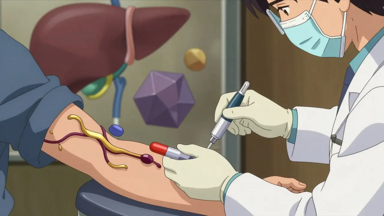 Stylized anime depiction of a blood draw with swirling vein visuals