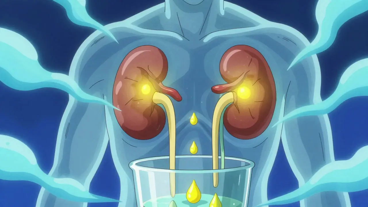 Stylized anime depiction of kidneys filtering fluid from the body in a surreal blue environment