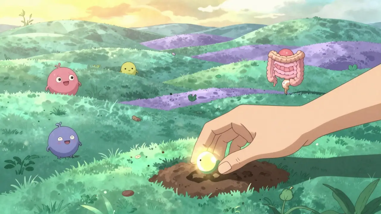 Stylized anime landscape showing gut flora recovery and rebuilding after treatment
